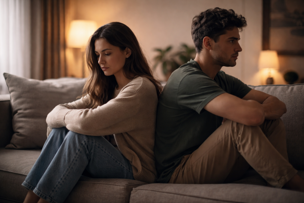 7 Things That Slowly Destroy Relationships Without You Realizing illustrated through emotional distance between couple