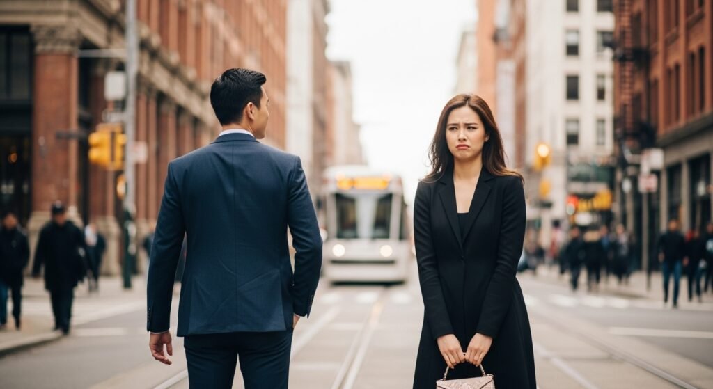 Man emotionally distancing himself from girlfriend in public