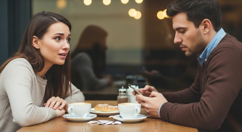 Woman feeling ignored by boyfriend during date due to lack of quality time